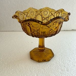 Vintage Amber Yellow Gold Cut Glass Pedestal Candy Dish Ruffled 6.5” tall